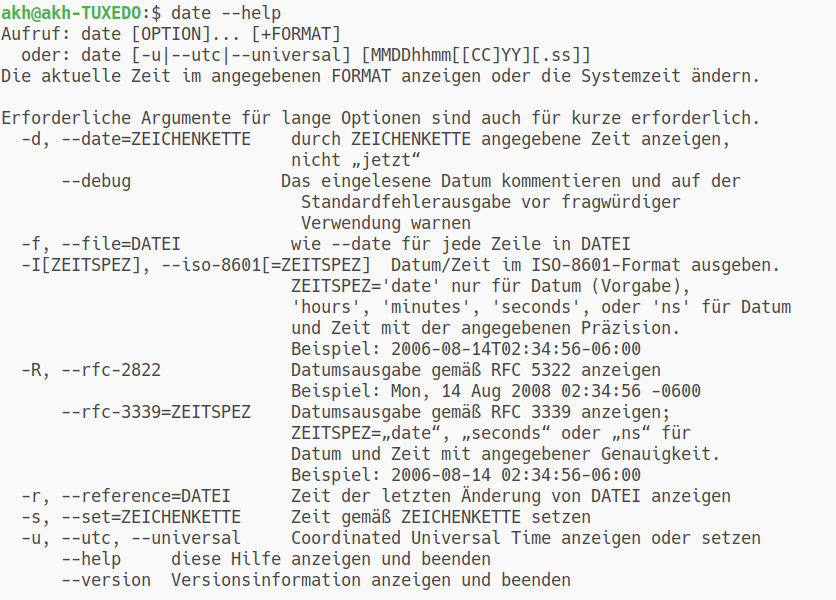 Kommando date help Optionen