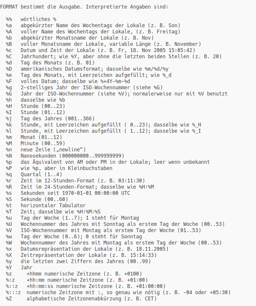 Kommando date help Formatierung
